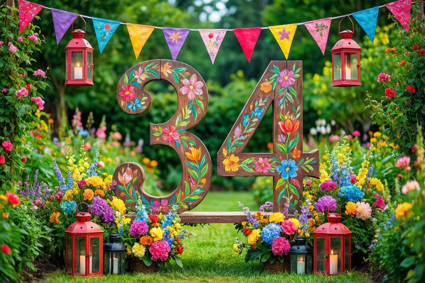 Een groot geschilderd houten getal 34 staat in een tuin tussen kleurrijke bloemen, vlaggetjes en rode lantaarns met brandende kaarsen.