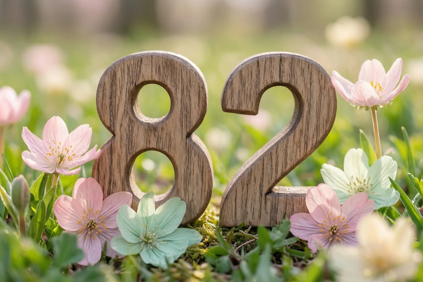 Houten cijfers die samen 82 vormen staan in een zonnige weide tussen roze en lichtgroene lentebloemen, met een zacht vervaagde achtergrond.