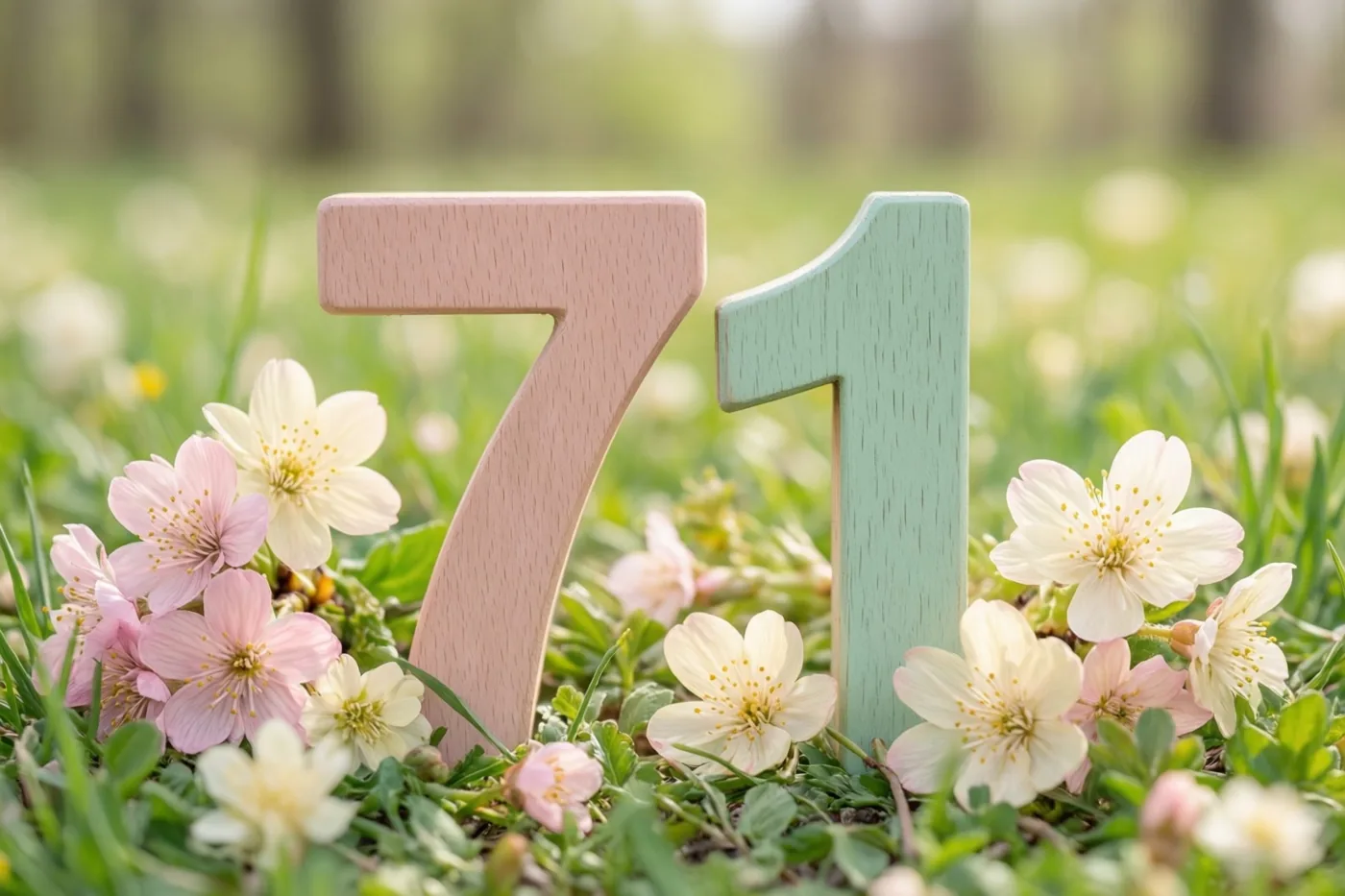 Houten cijfers 7 en 1 staan in een zonnige grasweide met roze en witte lentebloemen.