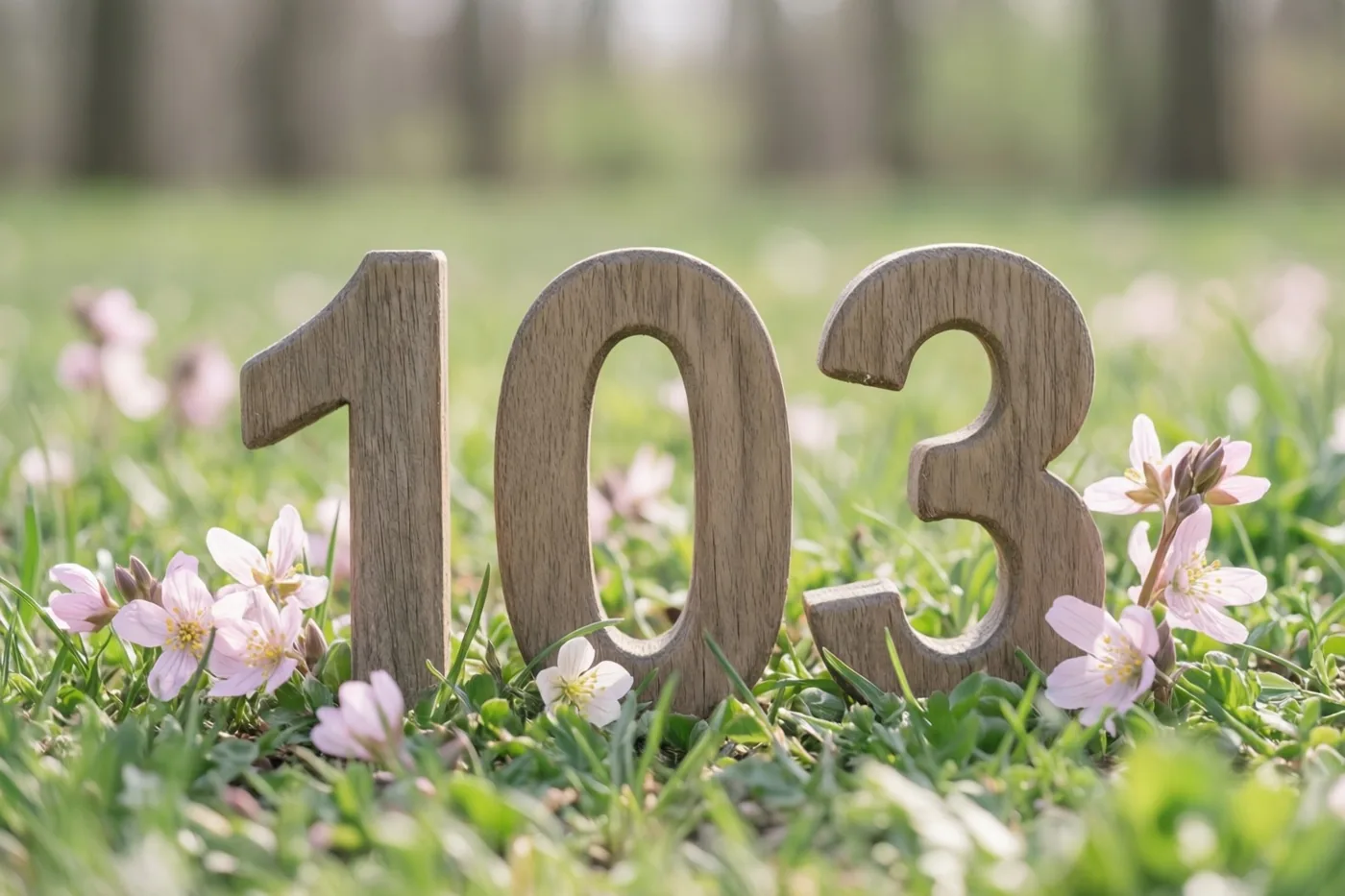 Houten cijfers vormen 103 in een zonnige grasweide met kleine roze en witte bloemen en onscherpe bomen op de achtergrond.