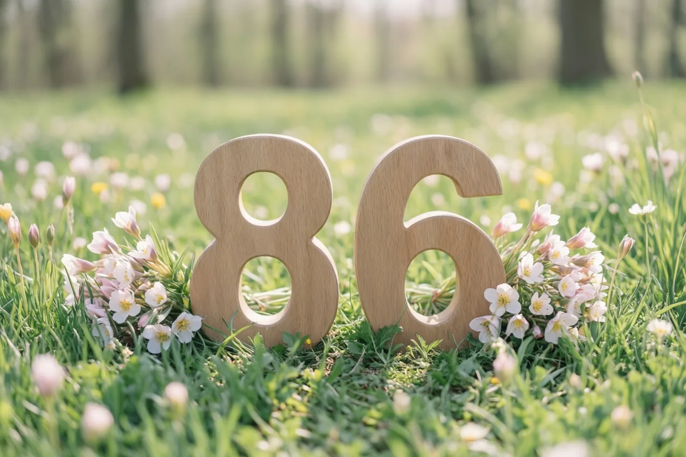 Houten cijfers 86 staan in een zonnige grasweide met kleine witte en roze lentebloemen en onscherpe bomen op de achtergrond.