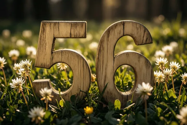 Houten cijfers vormen 56 in een zonnige grasweide met witte en gele bloemen.