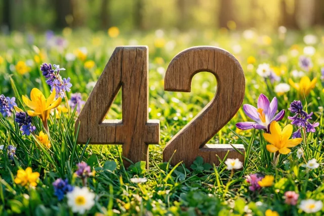 Houten cijfers vormen 42 in een zonnige weide vol verse lentebloemen, met onscherp groen gras en kleurrijke bloemen erachter.