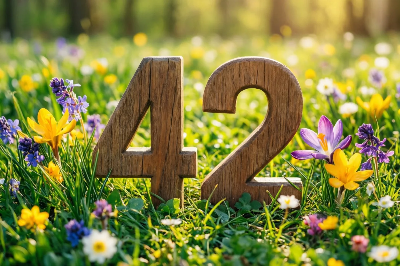 Houten cijfers vormen 42 in een zonnige weide vol verse lentebloemen, met onscherp groen gras en kleurrijke bloemen erachter.