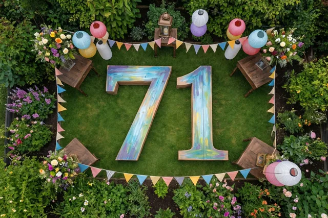 Van bovenaf zijn grote geschilderde houten cijfers 71 op het gras te zien, omringd door vlaggetjes, papieren lantaarns, groen en bloemstukken.