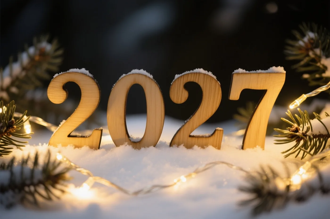 Houten cijfers vormen 2027 in verse sneeuw tussen dennentakken en gloeiende lichtjes tegen een donkere achtergrond.