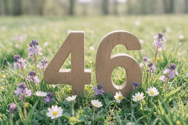 Houten cijfers vormen 46 in een zonnige grasweide met kleine witte madeliefjes en paarse bloemen, tegen een onscherpe groene achtergrond.