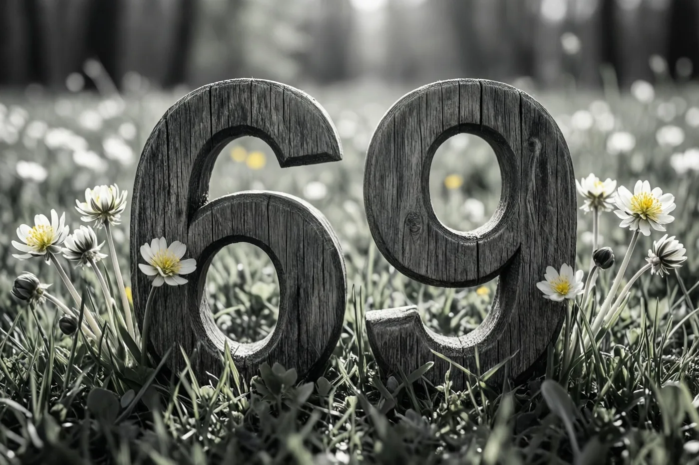 Houten cijfers die samen 69 vormen staan rechtop in een grasweide met kleine witte bloemen, weergegeven in zwart-wit met kleuraccenten in het gras en de bloemen.