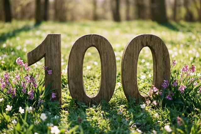 Houten cijfers vormen 100 in een zonnige weide met groen gras en kleine roze en witte bloemen.