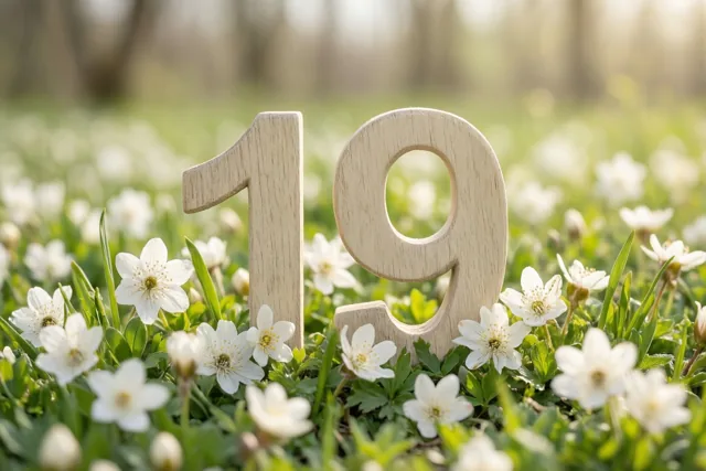 Houten cijfers vormen 19 in een groene weide vol witte lentebloemen in helder zonlicht.