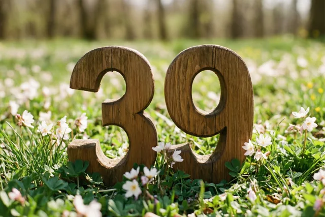 Houten cijfers vormen 39 in een zonnige grasweide met kleine witte lentebloemen.