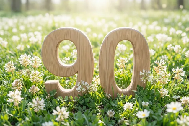 Houten cijfers die samen 90 vormen, staan rechtop in groen gras met witte bloemen in fel zonlicht.