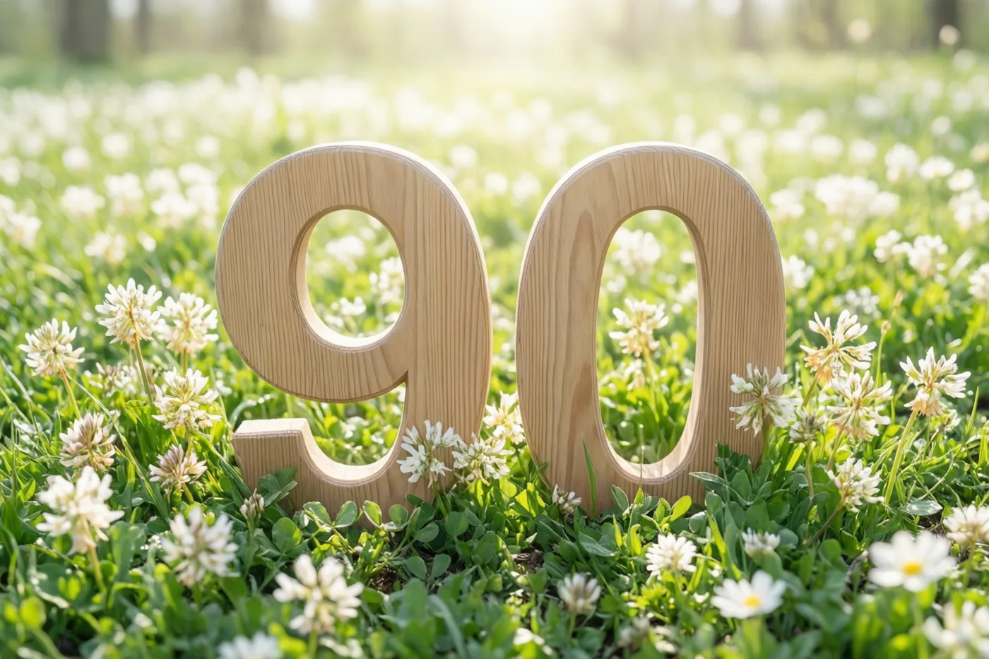 Houten cijfers die samen 90 vormen, staan rechtop in groen gras met witte bloemen in fel zonlicht.