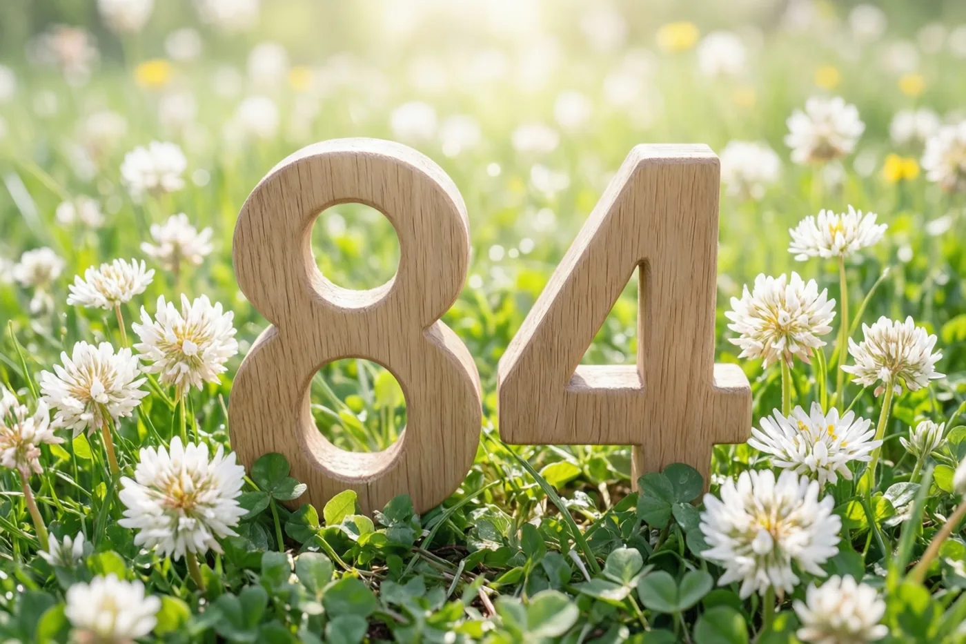 Houten cijfers 84 staan rechtop in een felgroene weide met witte klaverbloemen in helder zonlicht.