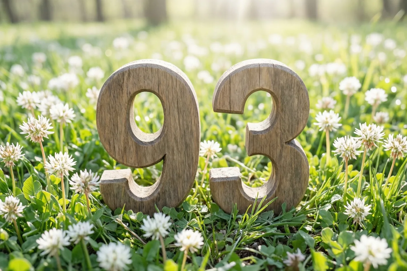 Houten cijfers vormen 93 in een zonovergoten weide met groen gras en witte klaverbloemen.