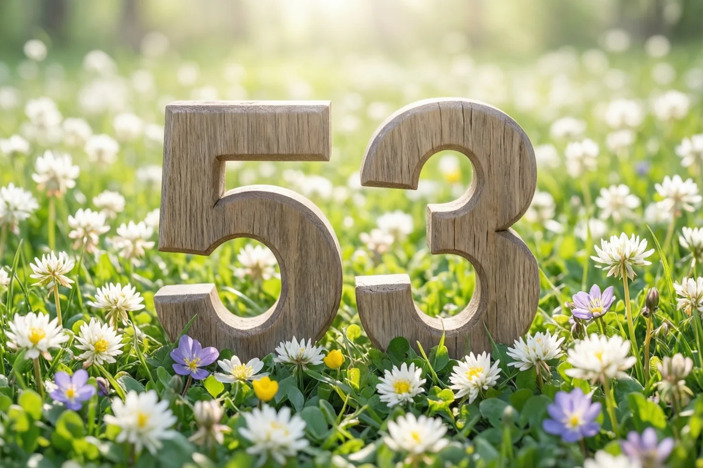 Houten cijfers 53 staan in een zonnige weide met groen gras, witte klaver en paarse lentebloemen.