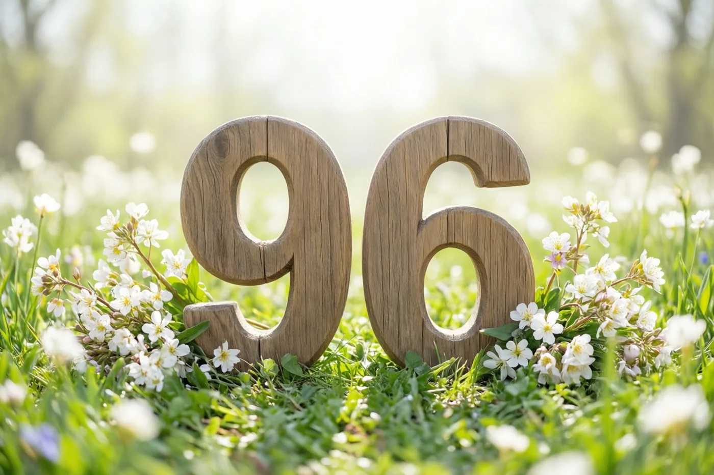 Houten cijfers vormen 96 in een zonnige grasweide vol witte lentebloemen, met een zacht vervaagde achtergrond.
