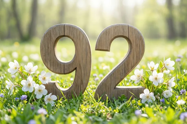 Houten cijfers vormen 92 in een zonnige groene weide vol witte lentebloemen.