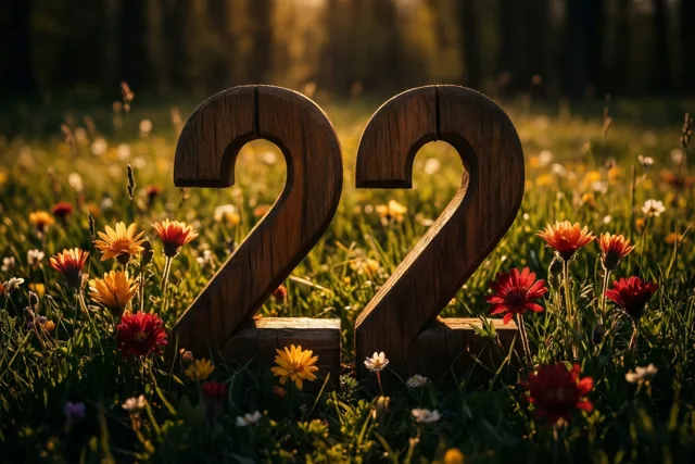 Houten cijfers vormen 22 in een zonnige weide met kleurrijke lentebloemen en een onscherp bos op de achtergrond.
