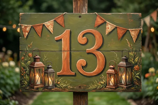 Een beschilderd houten bord met 13 staat in een tuin tussen vlaggetjes en lantaarns met kaarsen.
