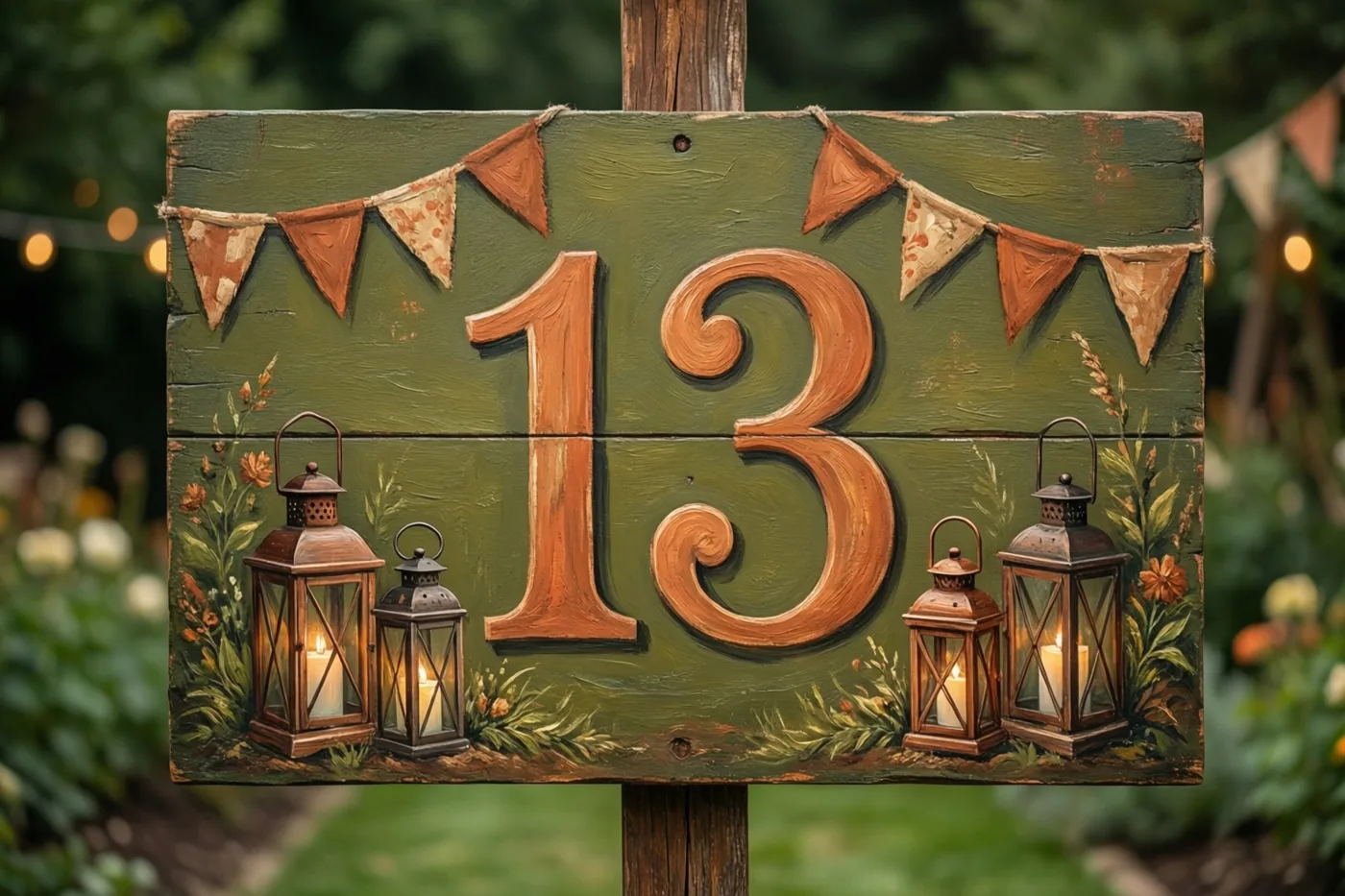 Een beschilderd houten bord met 13 staat in een tuin tussen vlaggetjes en lantaarns met kaarsen.