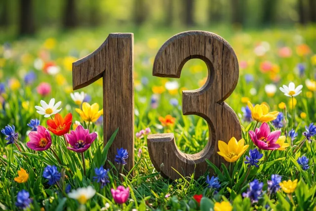 Houten cijfers vormen 13 in een zonnige groene weide met roze, gele en blauwe lentebloemen.