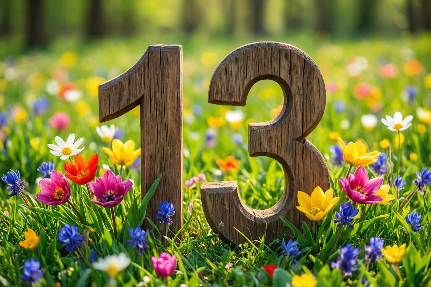 Houten cijfers vormen 13 in een zonnige groene weide met roze, gele en blauwe lentebloemen.