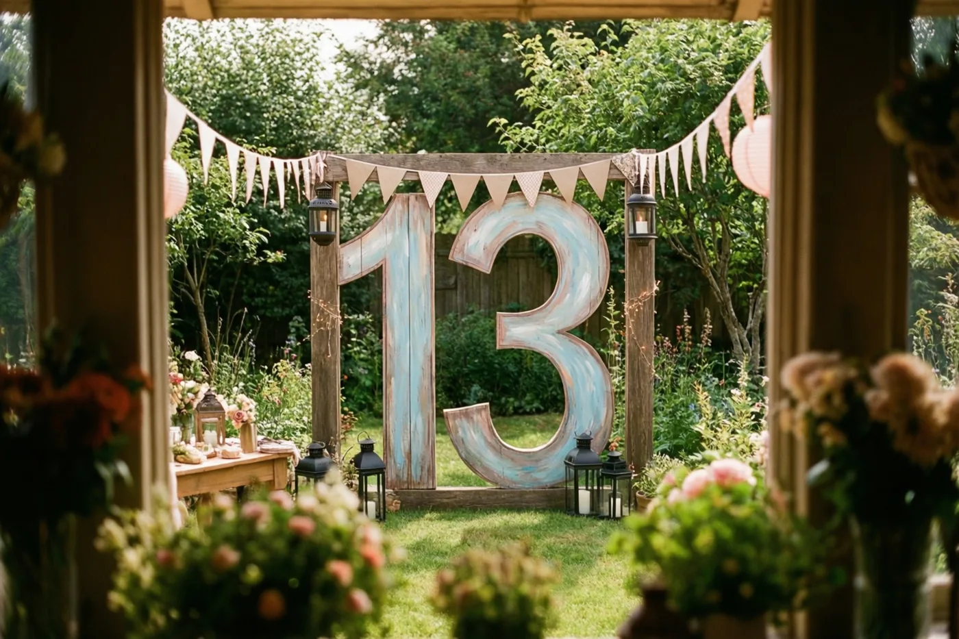 Door een houten kader is een groot geschilderd houten getal 13 zichtbaar tussen vlaggetjes en lantaarns in een groene tuin.