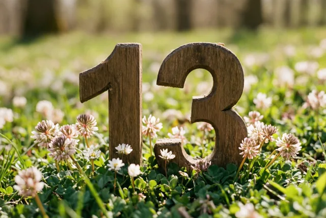 Houten cijfers vormen 13 in een zonnige weide met groen gras en witte klaverbloemen.