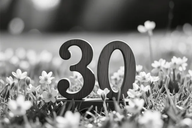Een zwart-witfoto toont houten cijfers 30 in een grasweide met kleine witte lentebloemen.