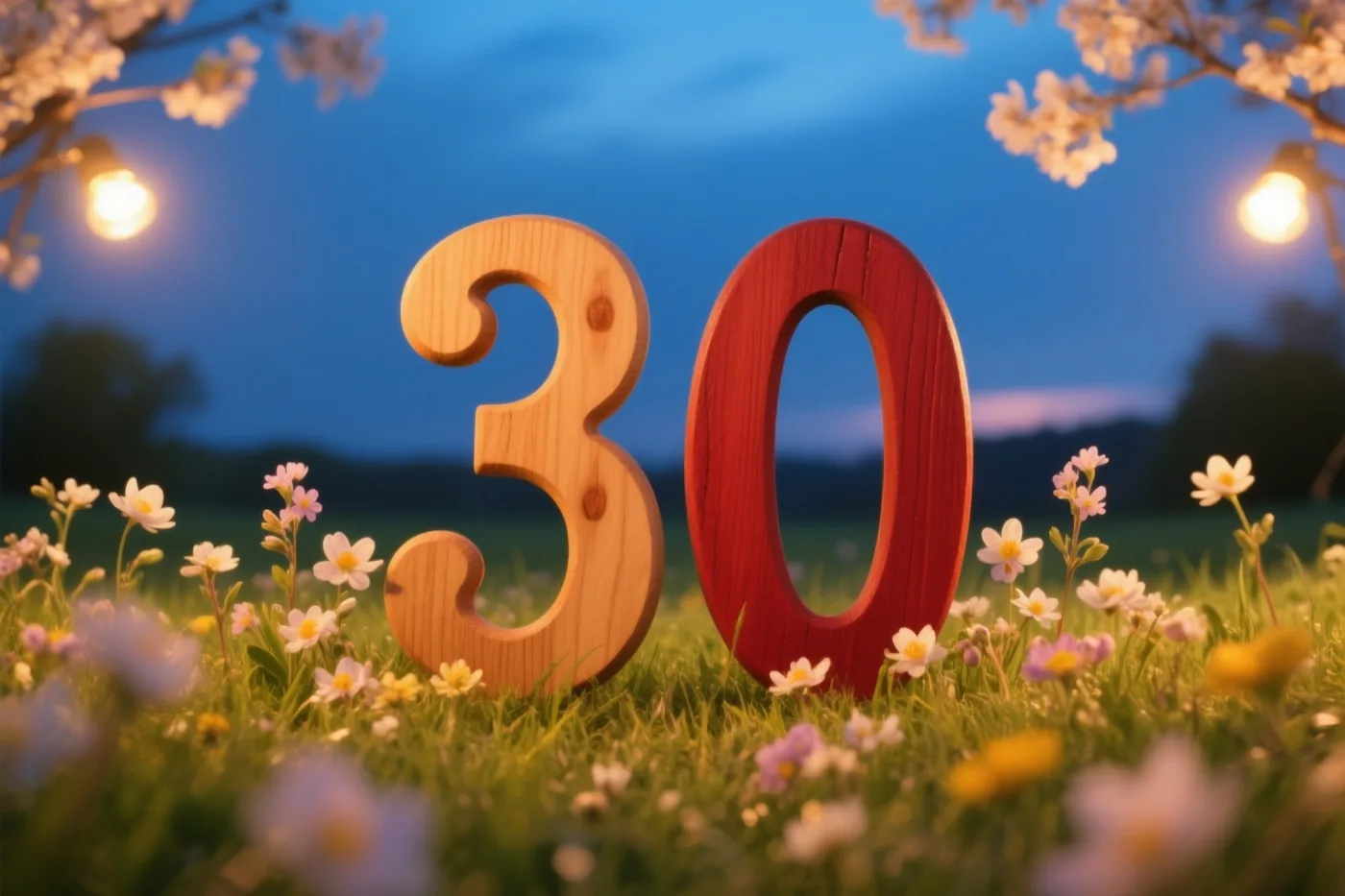 Houten cijfers 30 staan bij schemering in een grasweide met kleine lentebloemen, onder een blauwe hemel en warme lichtslingers.