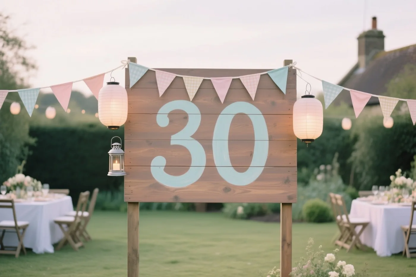 Een houten bord met 30 staat op een gazon tussen vlaggetjes en lantaarns, met tafels en stoelen op de achtergrond.