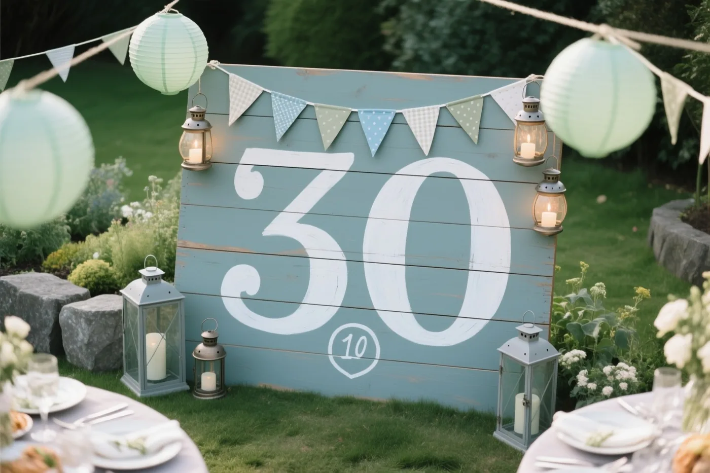 Een groot houten bord met een geschilderde 30 staat op het gras in een tuin met vlaggetjes, lantaarns, tafels en bloemen.
