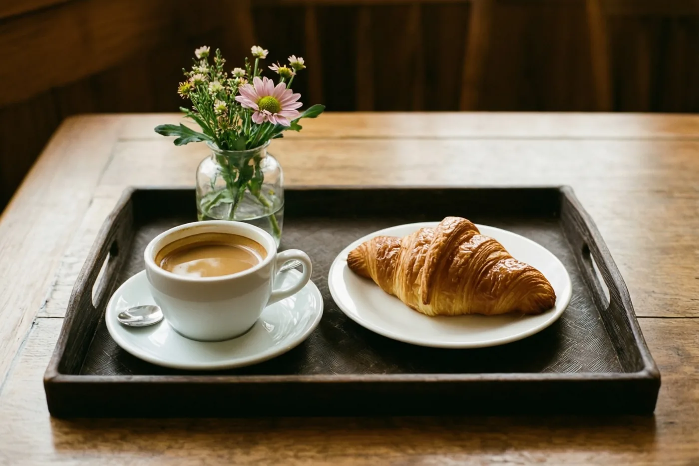 Een houten dienblad met een witte kop koffie, een croissant op een bord en een vaasje roze en witte bloemen staat op een houten tafel.