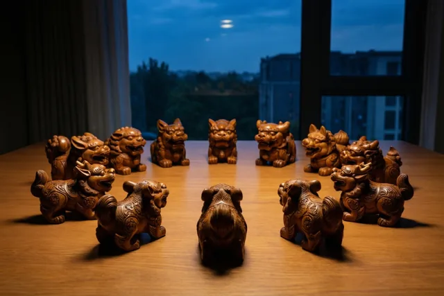 Twaalf houten dierenbeeldjes van de Chinese dierenriem staan in een kring op een houten tafel, met bij schemering een stadszicht door het raam.