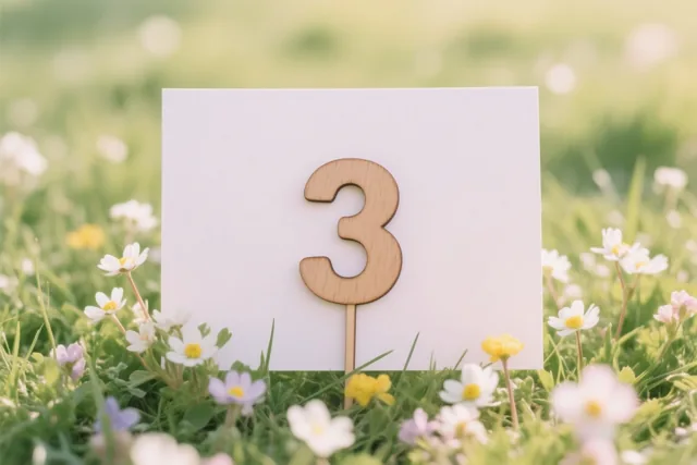 Een houten cijfer 3 staat in een zonnige weide met kleine witte en gele lentebloemen.