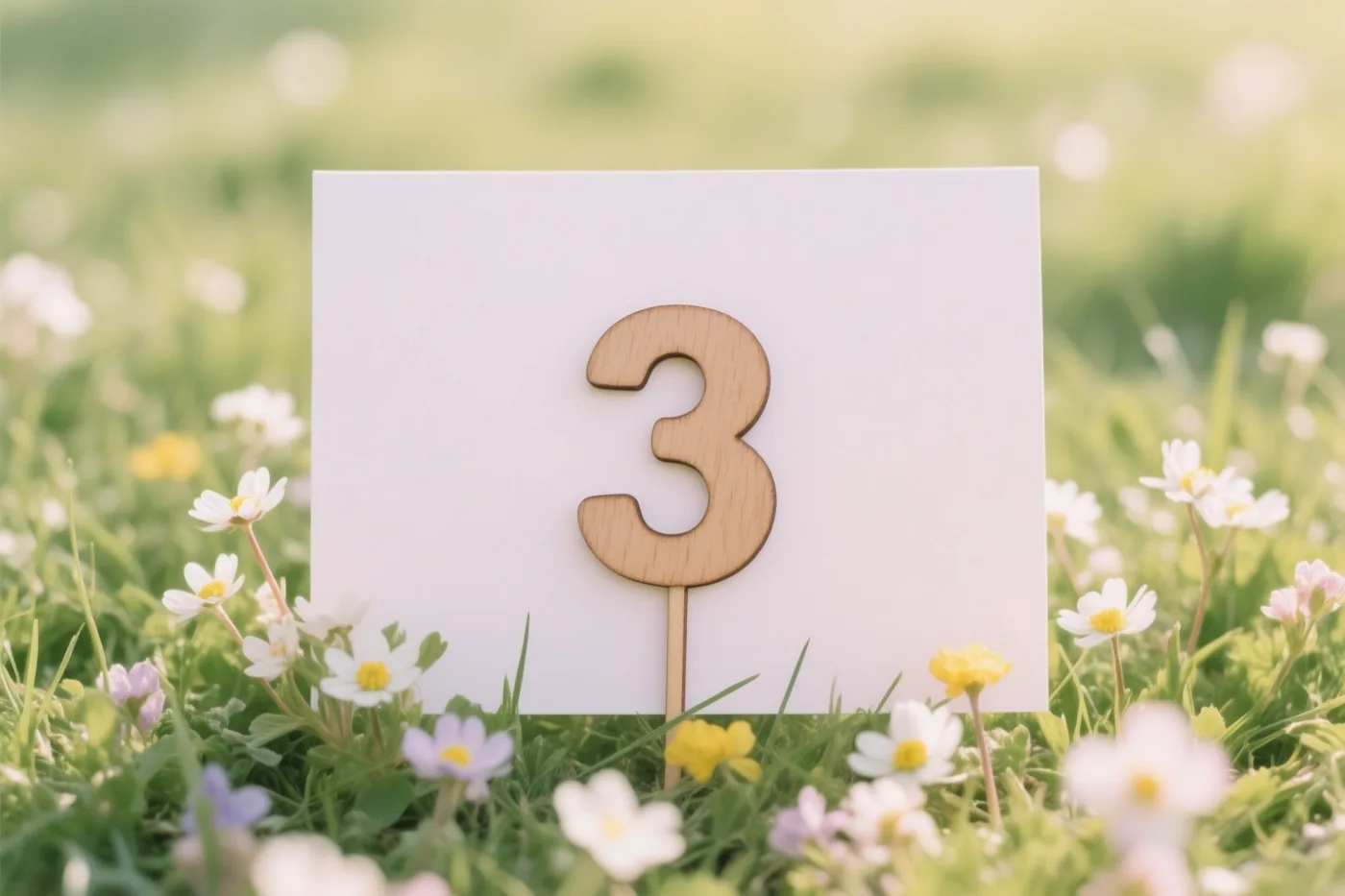 Een houten cijfer 3 staat in een zonnige weide met kleine witte en gele lentebloemen.