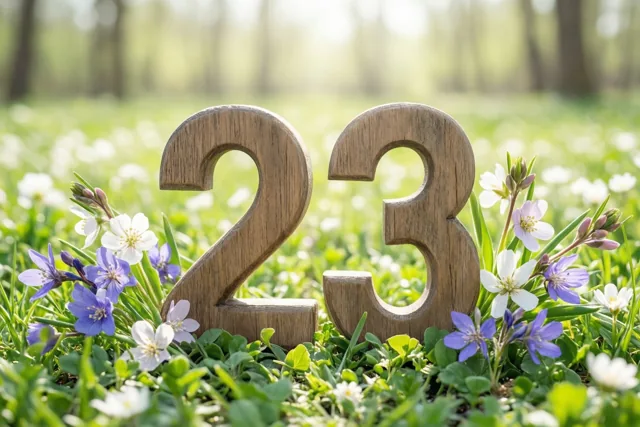 Houten cijfers vormen 23 in een zonnige, groene weide met witte en paarse lentebloemen.
