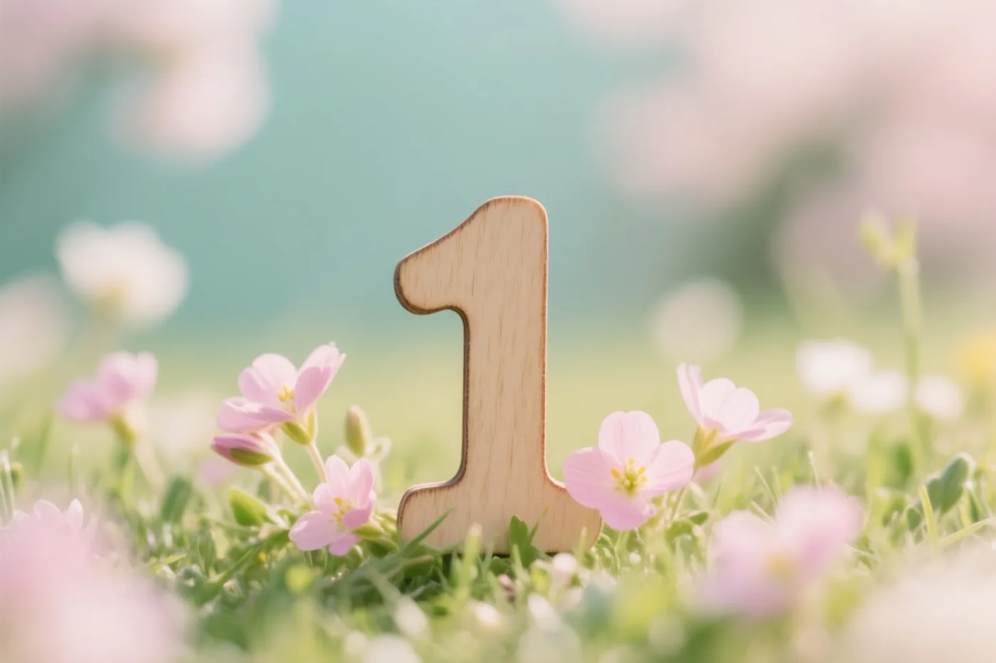 Een houten cijfer 1 staat tussen groen gras en kleine roze bloemen in fel zonlicht, met zachte pasteltinten op de achtergrond.