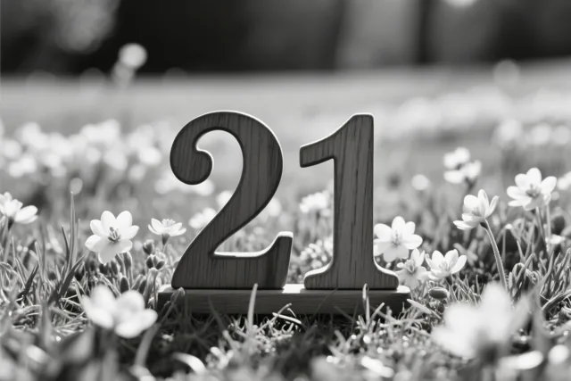 Houten cijfers vormen 21 in een grasweide met kleine lentebloemen op een zwart-witfoto.