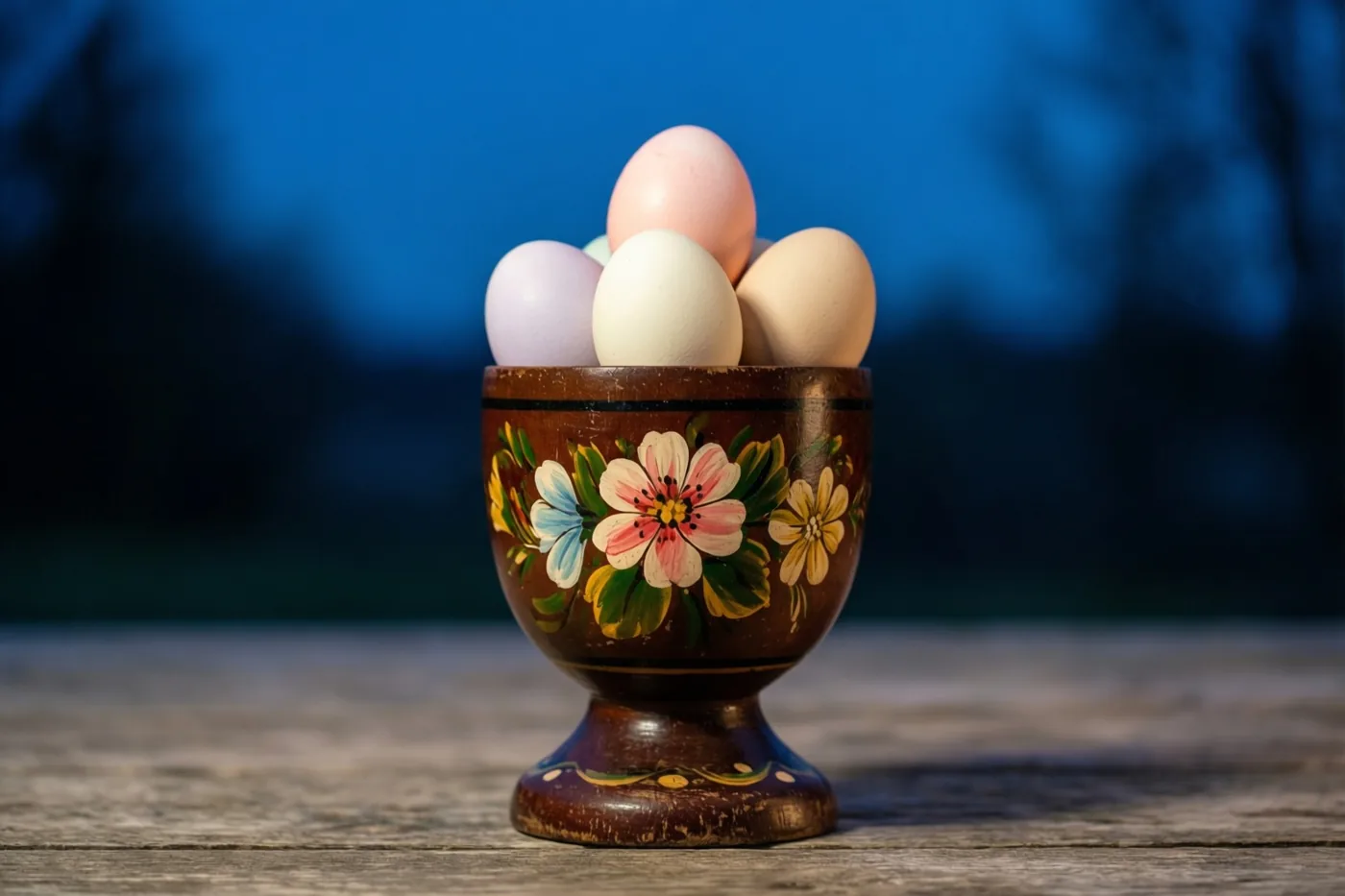 Een handbeschilderd houten eierdopje met bloemmotieven bevat meerdere pastelkleurige eieren en staat op hout tegen een onscherpe blauwe achtergrond.