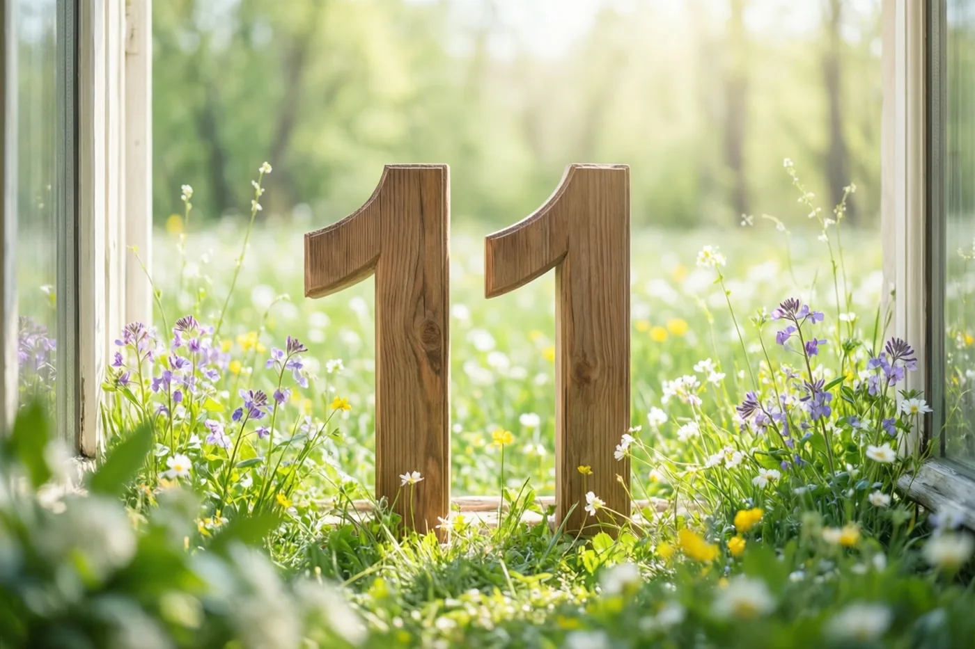 Houten cijfers die 11 vormen staan in een zonnige weide met paarse en gele veldbloemen, met onscherpe bomen op de achtergrond gezien door een raamkozijn.