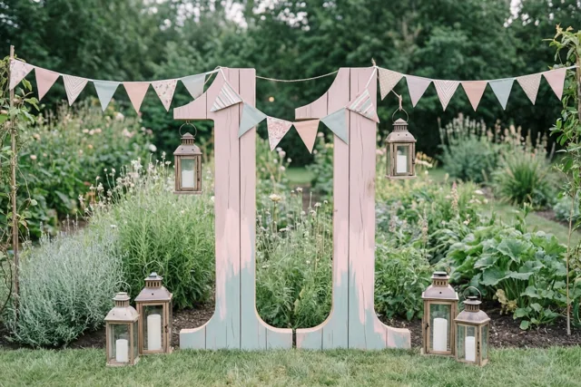 Een groot geschilderd houten getal 11 staat op het gras in een weelderige tuin, versierd met vlaggetjes en hangende lantaarns.