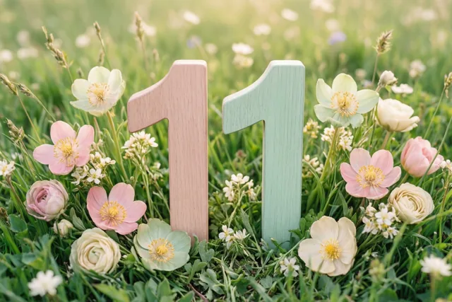 Houten cijfers die samen 11 vormen staan rechtop in een grasweide vol lentebloemen in warm zonlicht.
