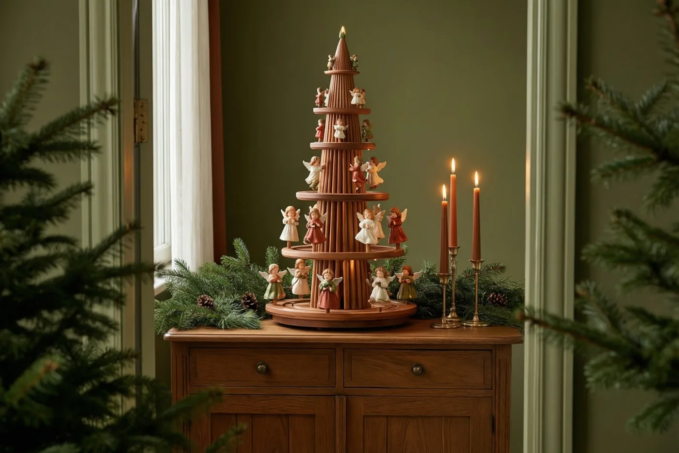 Een houten kerstpiramide met kleine engelenfiguurtjes staat met brandende kaarsen en dennentakjes op een houten dressoir voor een zachtgroene muur.