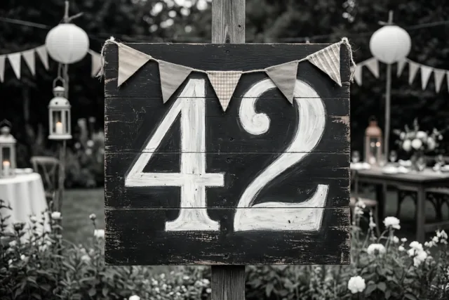 Een zwart-witfoto toont een houten bord met 42 in witte verf en vlaggetjes bovenaan, met lantaarns en tafels op een tuinfeest op de achtergrond.