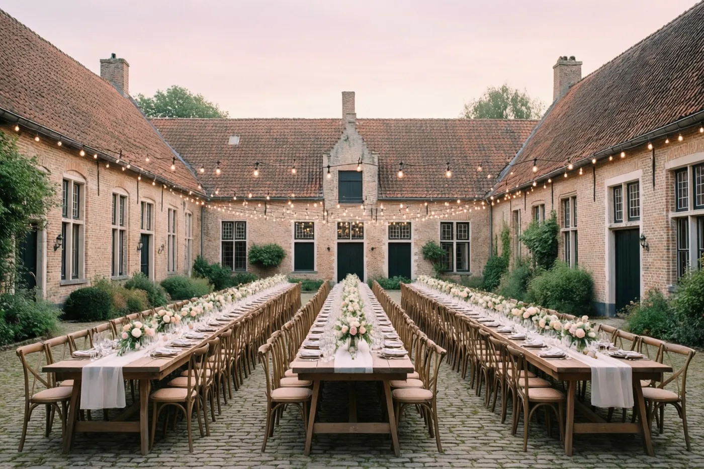 Op de binnenplaats van een traditionele Vlaamse hoeve staan lange houten tafels en stoelen met bloemstukken onder lichtslingers in de schemering.
