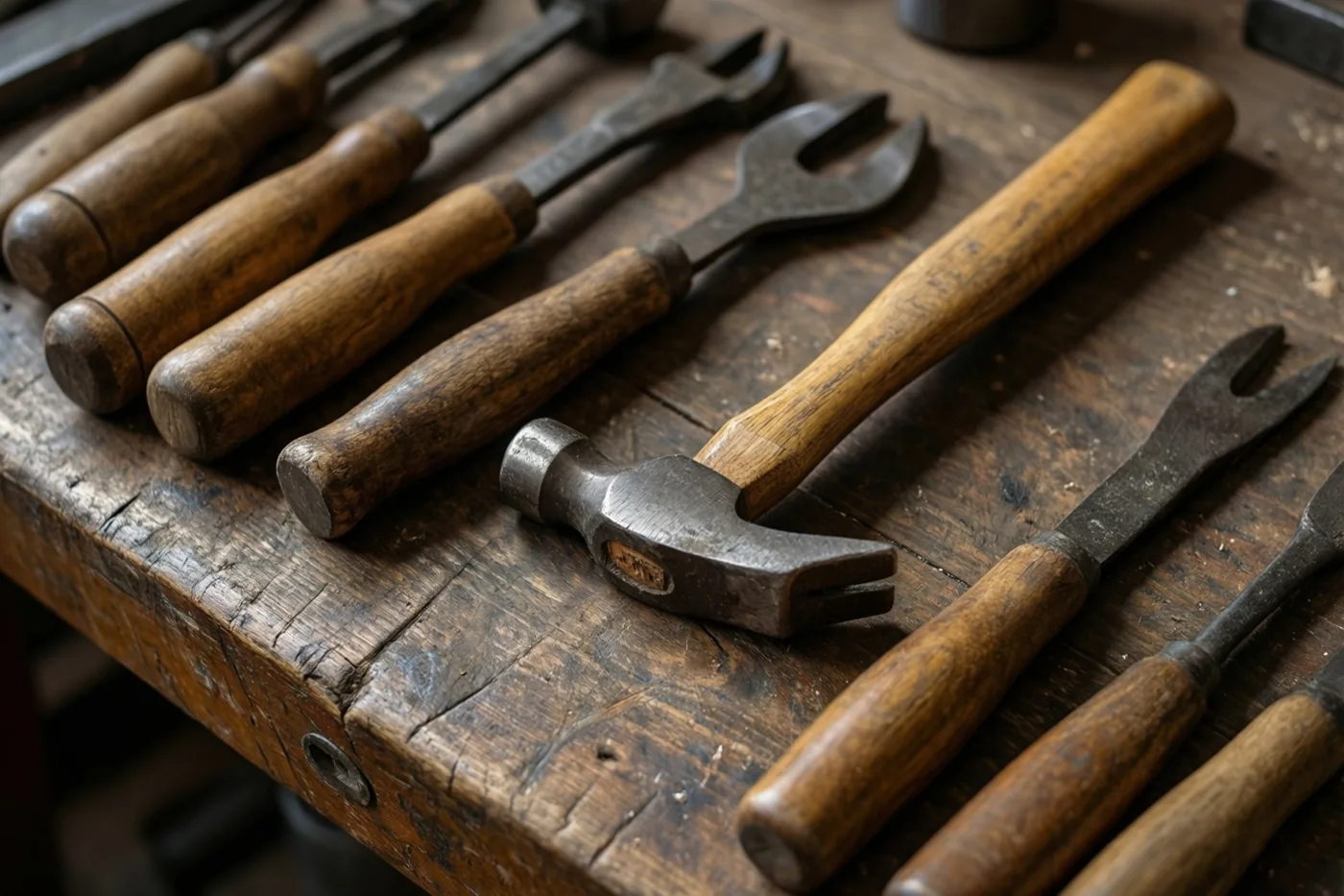 Oud gereedschap met houten handvatten, waaronder een kleine hamer, ligt op een versleten houten werkbank in warme aardetinten.