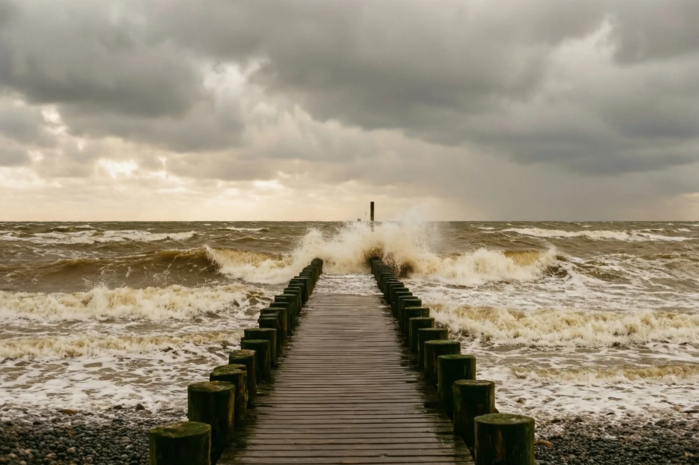 Een houten golfbreker steekt in een stormachtige zee waar golven tegen het hout slaan onder een zwaar grijze hemel.