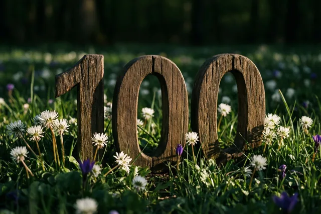 Houten cijfers 100 staan in een zonnige grasweide vol witte en paarse lentebloemen.